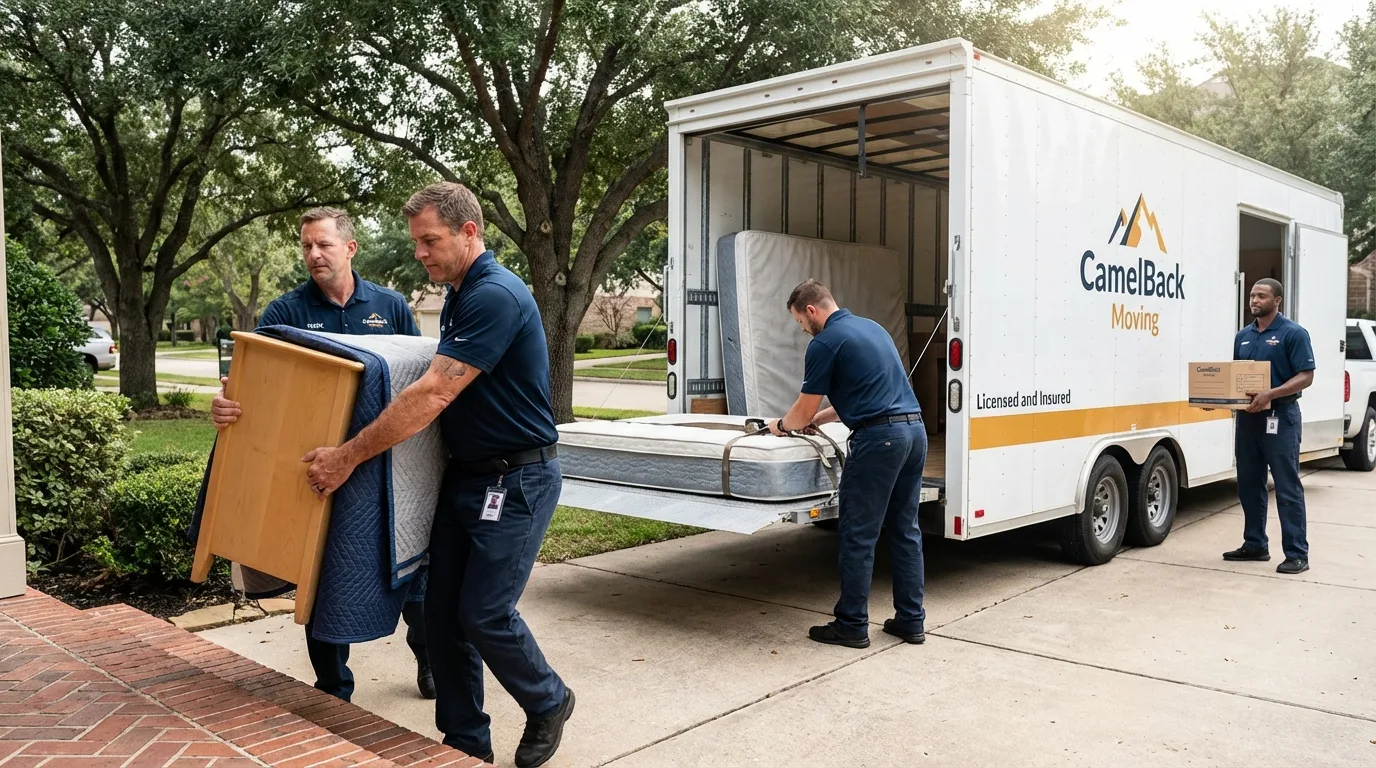 Crew loading residential truck for cross-state move from Joshua, TX