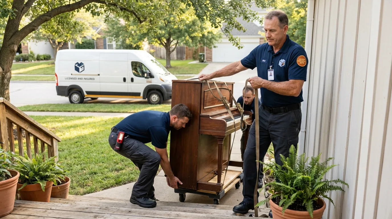 Licensed piano movers securing grand piano in Joshua, TX