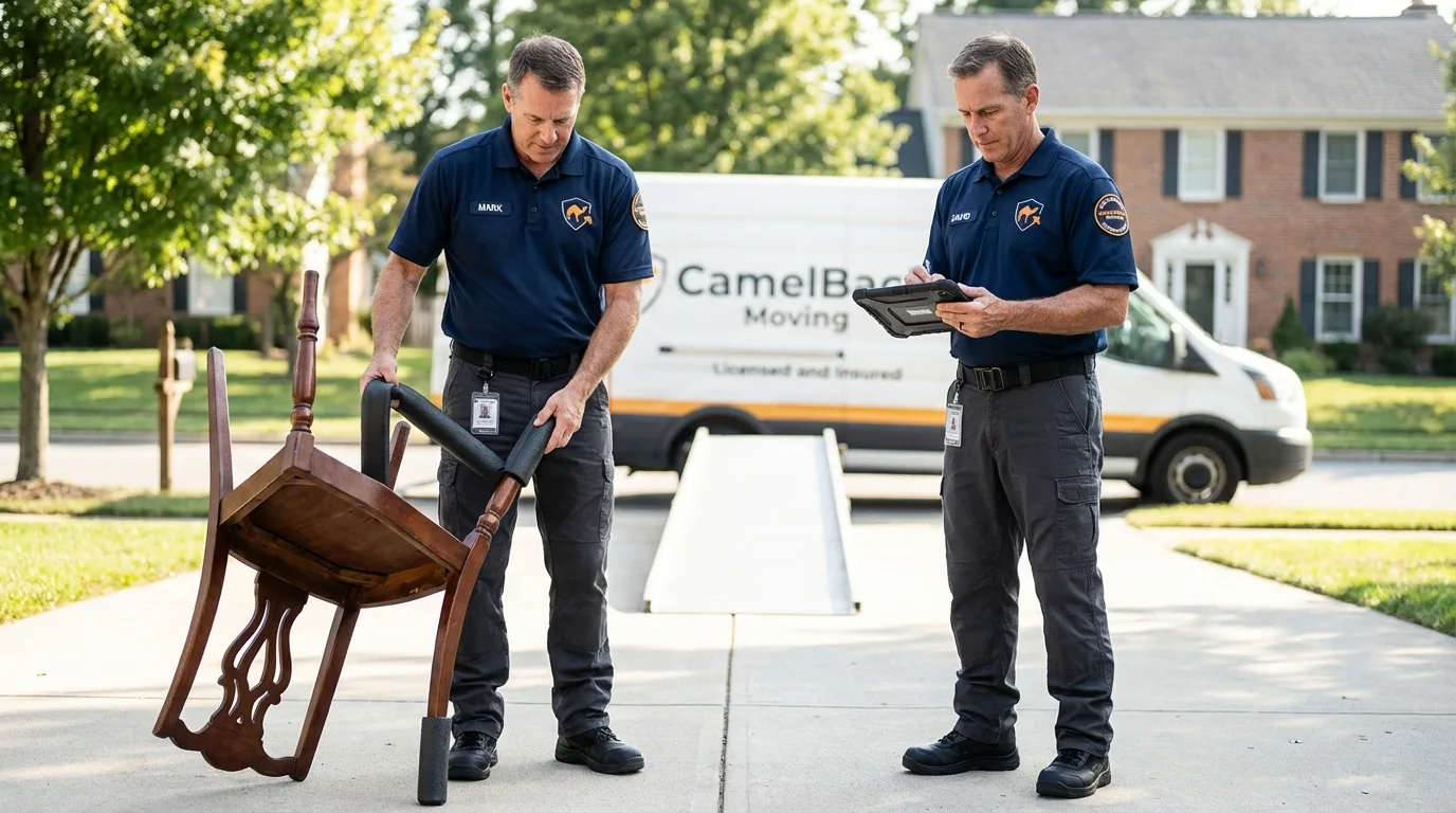 Movers inspecting furniture for damage prevention before loading in Joshua, TX